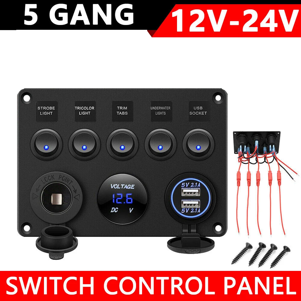 5 Gang 12V/24V Inline Fuse Box LED Switch Panel Dual USB Car Boat Truck Camper 