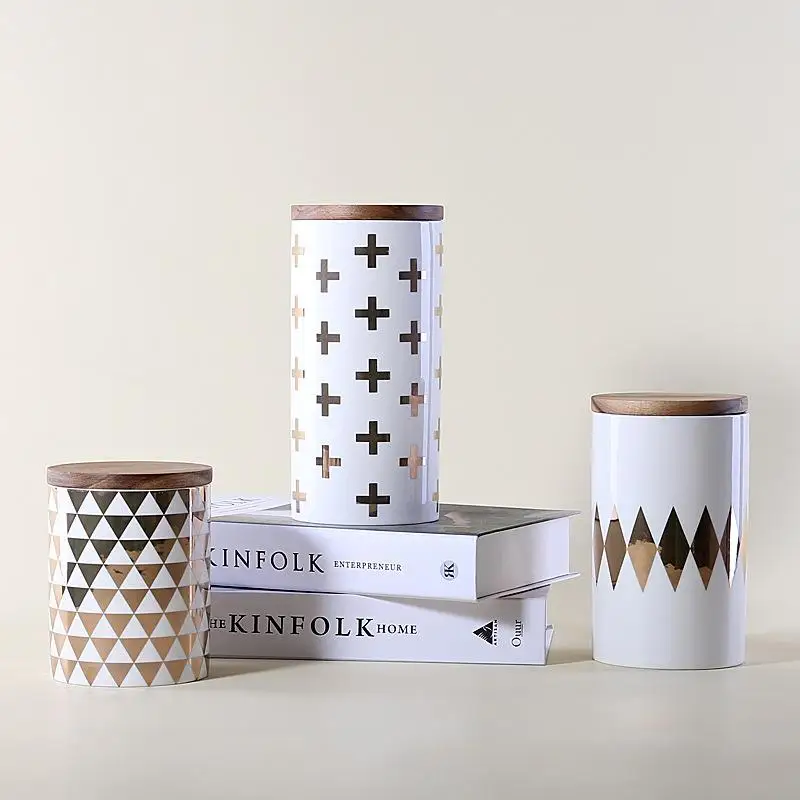 Nordic Pattern Ceramic Storage Bottle Jars For Spices Wood Lid Cans Kitchen Coffee Tea Candy Cane Container Articulos De Cocina