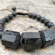 Натуральный черный турмалин окаменелая Лава бусины регулируемый браслет M0101