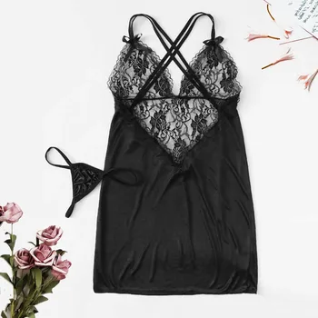 

Sexy Nightwear Women Plus Size V Neck Backless Nightdress Lingerie Babydoll Lace Camisola Sleepwear Summer See Through Nightgown