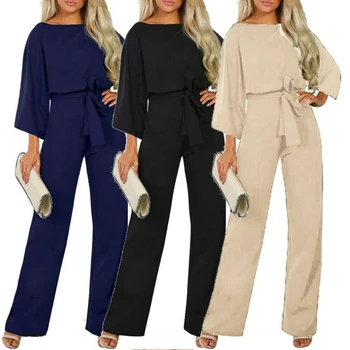 

New Women Jumpsuit OL Wide Leg Belts Party Jumpsuit Playsuit Evening Party Bodysuit S-XXL Good Quality