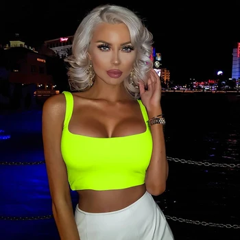 

Summer Fashion Clothes Square Tank Tops Women Fluorescent Green Streetwear Fitness Tank Top Cropped Backless Workout Crop Top