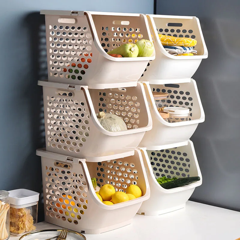 Storage Basket Kitchen Plastic Square Lattice Box Large Stackable Fruit