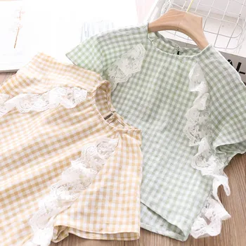 

2020 Summer Girls Plaid Flowers Blouse Wholesale Children's Clothing
