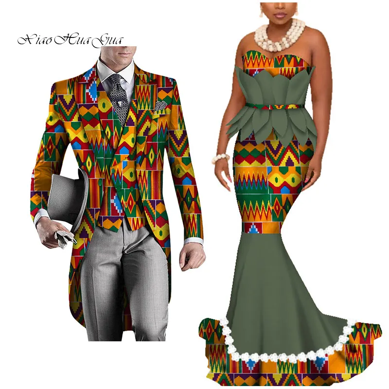 Dashiki African Couple Clothing Women's Dress+Men's Blazer&Vest 3 Pieces Set African Mermaid Print Dresses for Couples WYQ425 - Цвет: 3