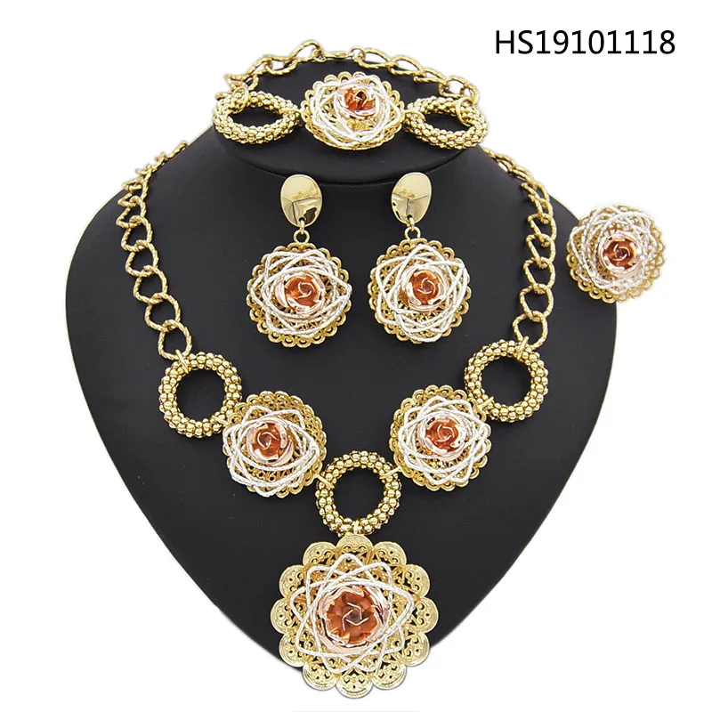 

Yulaili Top Quality Bridal Jewelry Flower Shape Pendant Necklace Earrings Bracelet Ring Dubai Gold Jewelry Sets for Women Bijoux