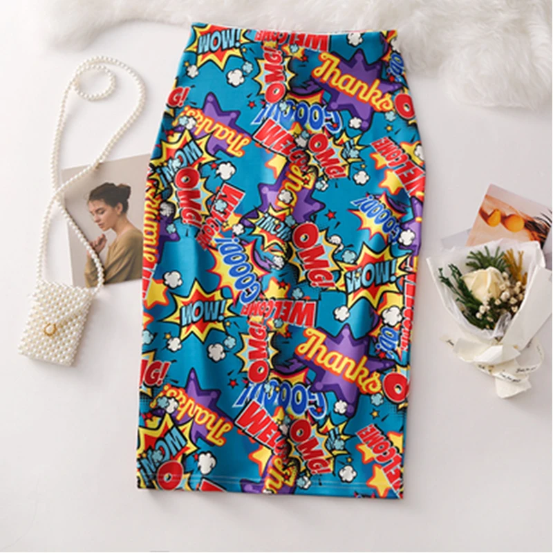 Photo Color 203 New spring 21 colors High Waist Cartoon Mickey Skirt Print Knee Length Skirts Women Harajuku Stretchy Pencil Skirt yy203 - Цвет: Photo Color 203