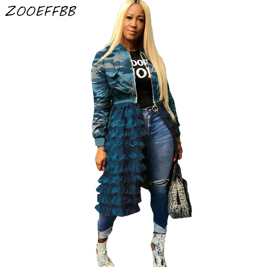 ZOOEFFBB, Camoflage пальто и куртки для женщин, плюс размер, верхняя одежда, комбинезоны, осенняя одежда, сетка, оборки, подол, длинный рукав, куртка-бомбер