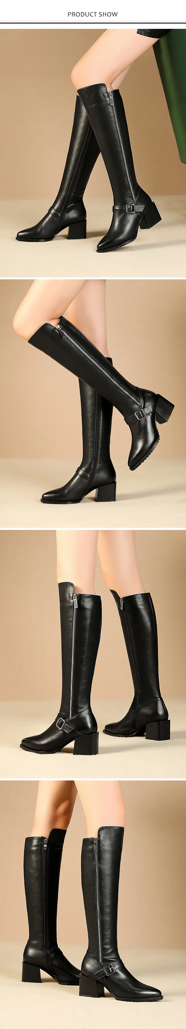 New Winter Women Knee-High Boots Genuine Leather High Heel Pointed Toe Buckle Zip Casual Women Shoes Black Motorcycle Boots