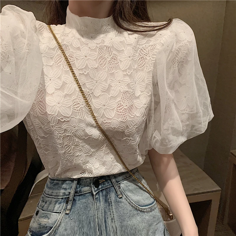 

Girls Lace Blouses Shirts Tees Female Half Turtleneck Vintage Short Lantern Sleeve Chic Blouses Tops For Women DX0610