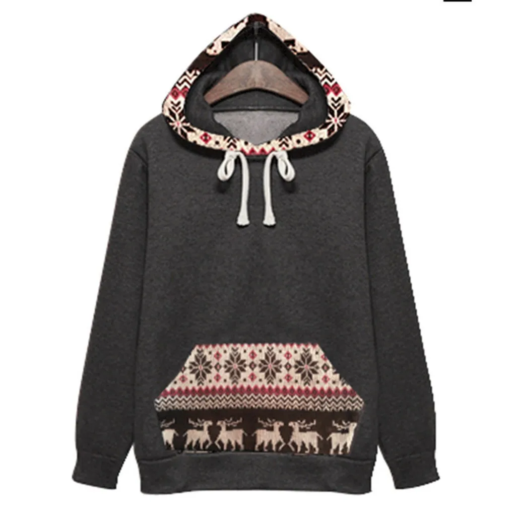 

Christmas Outdoor Hoodies Women Oversized Hooded Sweatshirts Long Sleeve Casual Ethnic Tops Winter Print Pockets Pullovers Warm