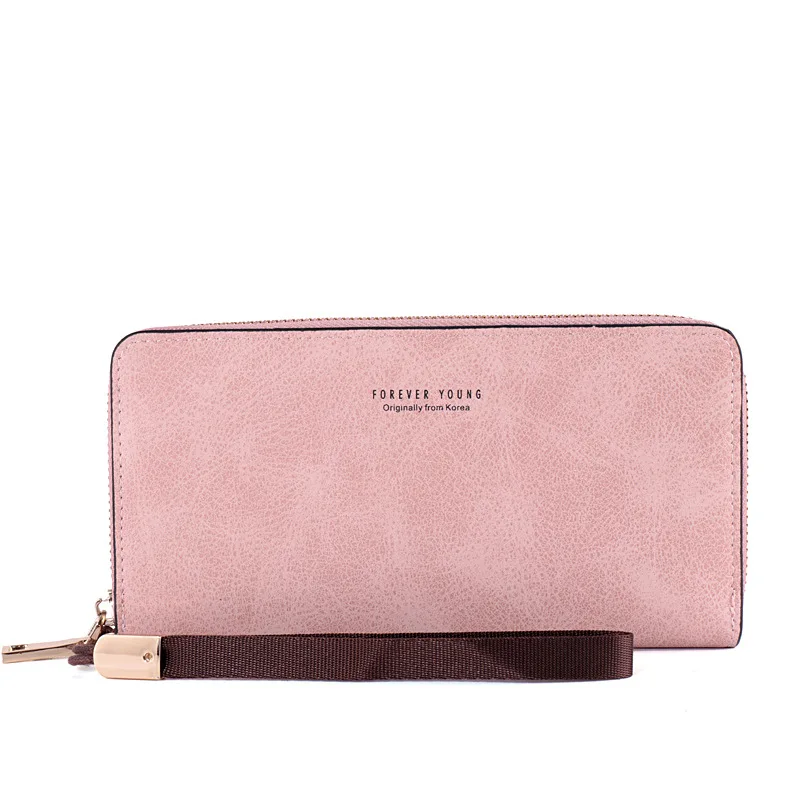 

Ougger Long Business Card Wallet Pink PU Large Luxury Zipper Mobile Phone Money Bags Ladies Purse Wallets Clutch Bag with Strap