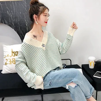 

Very fairy pullover fashion loose wear 2019 autumn and winter women's striped broken edge V-neck sweater college wind shirt