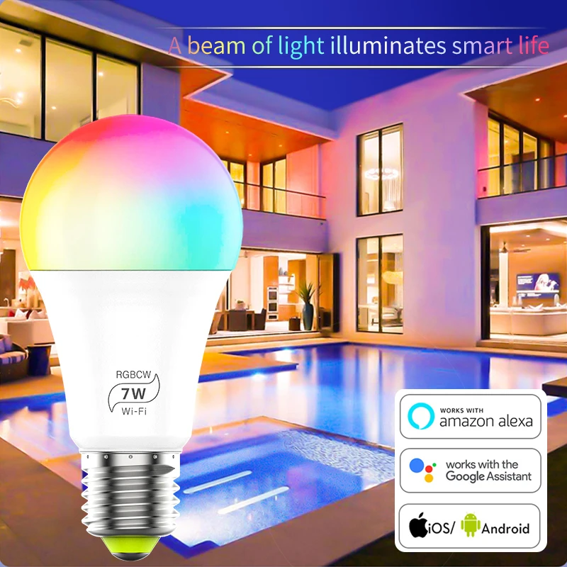 

New Wireless WIFI 5.0 Smart Bulb home Lighting lamp 7W E27 Magic RGB +W LED Change Color Light Bulb Dimmable IOS /Android