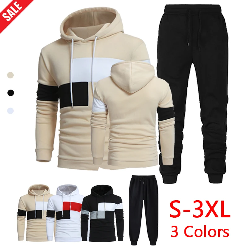 2021 New Men's Two Pieces Set Casual Hoodies + Pants Male Black Sweatshirts Fashion Patchwork Hooded Pullovers Streetwear Suit causal tracksuits men set hooded thicken fleece hoodies sweatpant 2021 winter spring sweatshirt sportswear male letter print