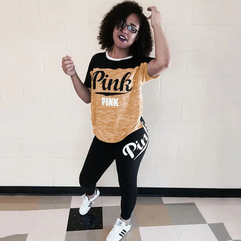 

Hot Letter PINK Print Women Outfit Short Sleeve T-Shirt and Long Bodycon Pants 2 Piece Set Plus Size Women's Tracksuit