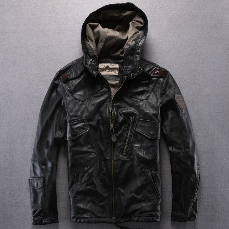 Male Long Hooded Jacket Genuine Leather Flight Jacket Brand Soft Cowskin Vintage European American Leather Coat DHL Free