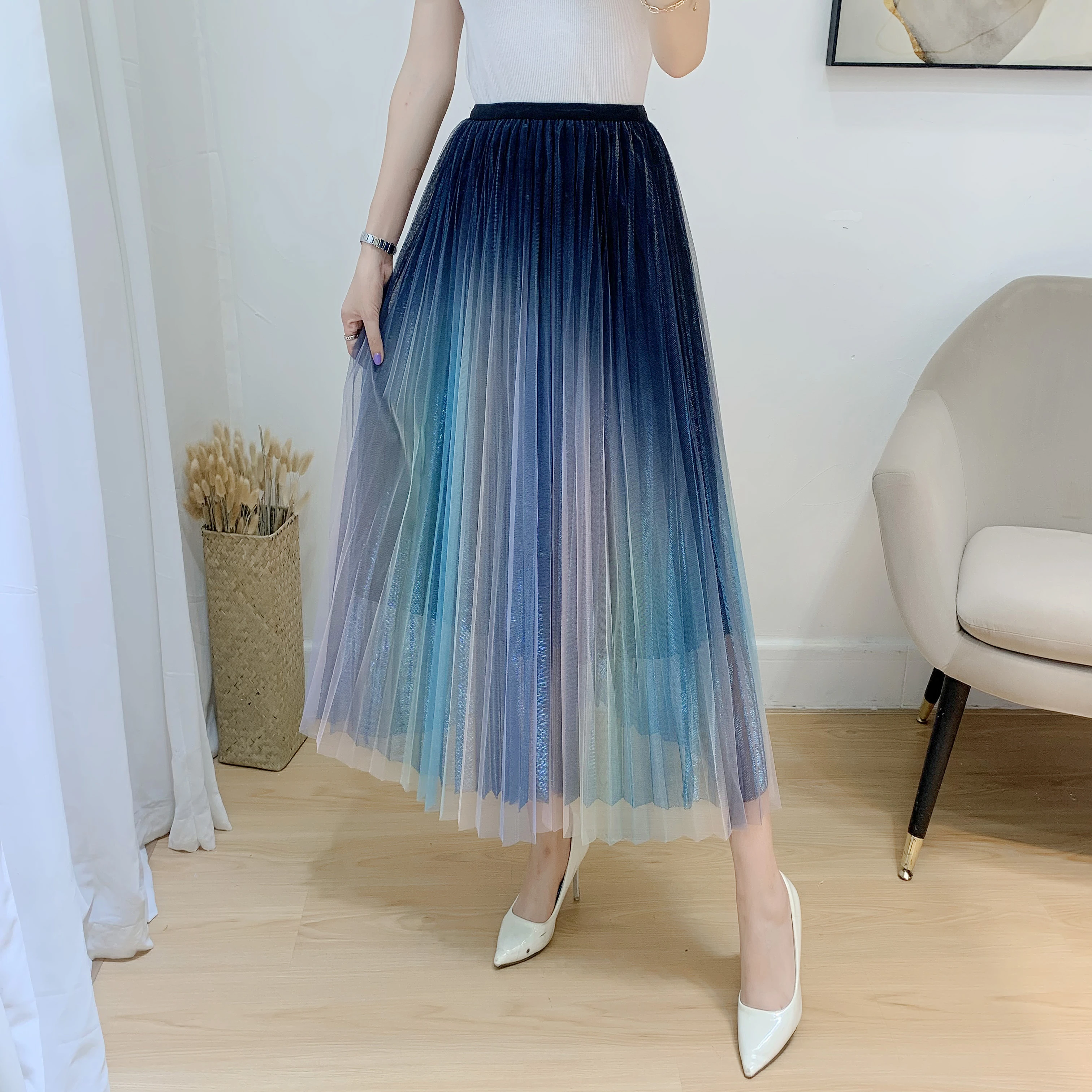 Busto plisado de hilo, nueva Falda larga de primavera y verano de cintura alta, falda ultra Hada, gradientes largos eran - AliExpress