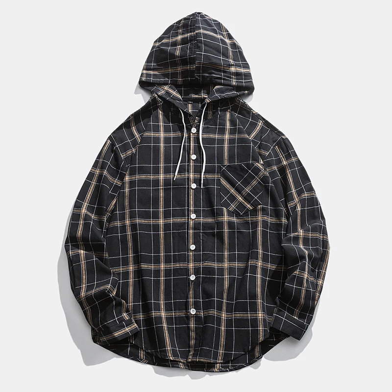 

Cotton Plaid Shirt Men's Fashion Retro Hooded Shirt Men Loose Casual Shirt Streetwear Wild Long Sleeve Shirts Mens M-2XL