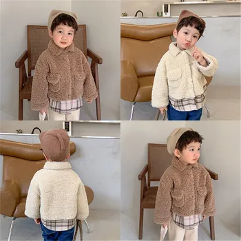 

Winter baby boys girls Thickened wool coat 2 color kids fashion patchwork tops children turndown collar warm plaid jacket