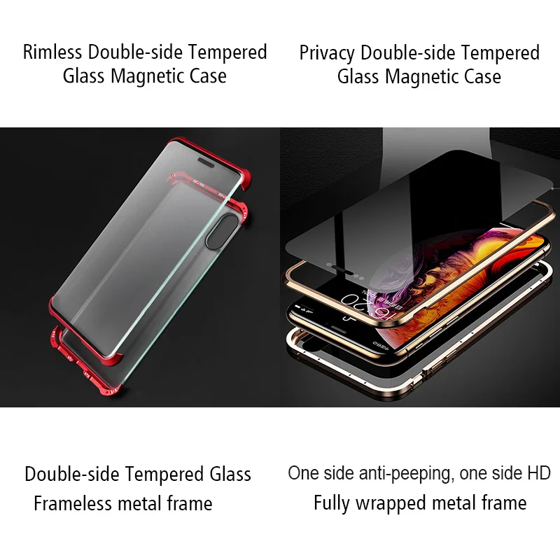 2Pcs Privacy and Rimless Tempered Glass Magnetic Case for iPhone 7 8 Plus XS MAX XR Full Body Protection Magnetic Case Cover