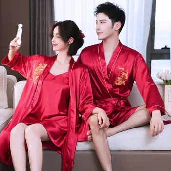 

Couple Pajamas Female Summer Strap Nightdress Two-piece Suit Sexy Spring and Autumn Nightgown Male Ice Silk Thin Silk Home Wear