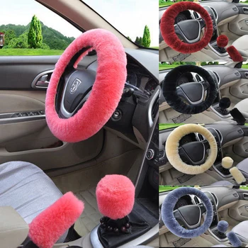 

Soft Plush Spring Steering Wheel Cover Kit with Stop Lever Hand Brake Wool Cover Winter Warm Car Accessories