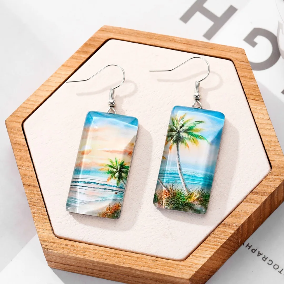Art Resin Painting Personalized Earring For Women Tree Starry Sky Rectangular Geometric Earring Ocean Beach Style Party Jewelry
