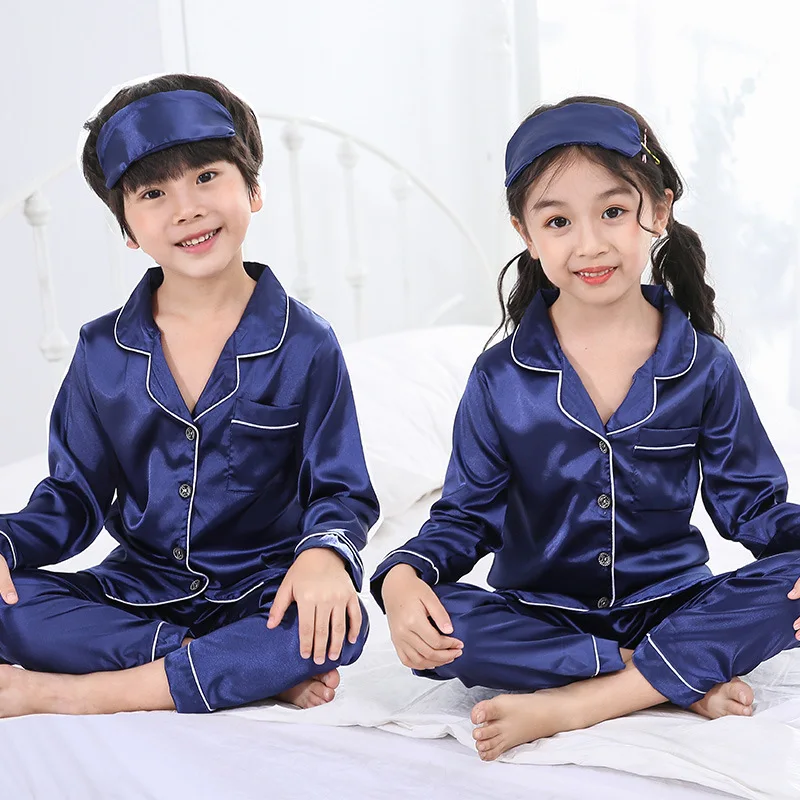 Демисезонный детское атласное Пижама детская пижама для мальчиков и девочек, однотонные утепленные шелк с длинными рукавами, комплект из 2 предметов, топы+ штаны, одежда для сна, пижама для детей - Цвет: Синий