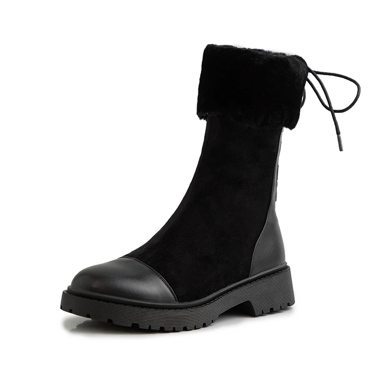 Donna-in/женские зимние ботинки до середины икры; коллекция года; теплые зимние ботинки из натуральной кожи на плоской платформе с плюшевой подкладкой на шнурках; мягкие ботинки; bottes femme - Цвет: Black
