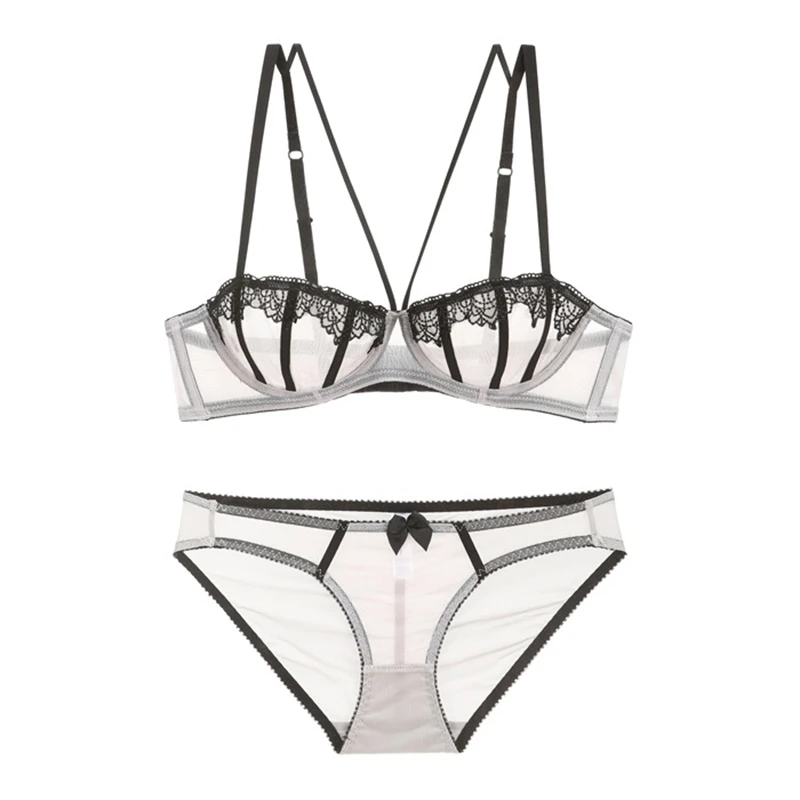 Кружевной прозрачный сетчатый бюстгальтер с вышивкой и трусики комплект