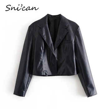 Snican-Chaqueta corta de piel sintética para mujer, color negro, Estilo vintage, prendas de vestir, para invierno, 2020