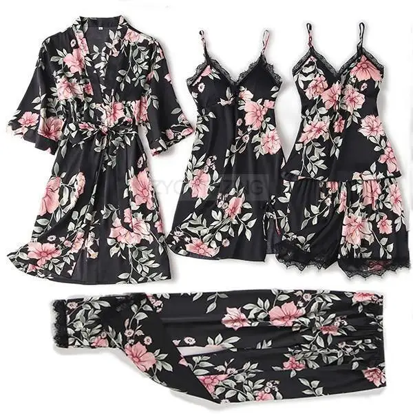 Pajama Set Women Lace Trim Satin Sleepwear Pyjamas Pour Femme Summer Nightwear With Pants Casual Home Wear Kimono Robe Gown PJS Black D