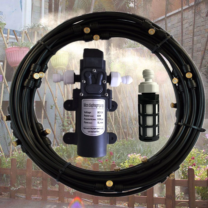 

Black 12M Garden electric pump water mist spray with filter mist fog nebulizer for flower plants greenhouse garden watering M028