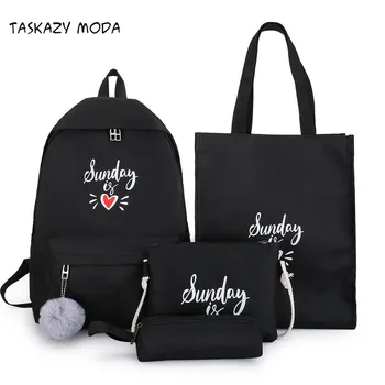 

2020 Fashion Women's Student Nylon Fur Ball School Backpack 4Pcs Set Women Comfortable Love Print Fur Ball Decorative Backpack