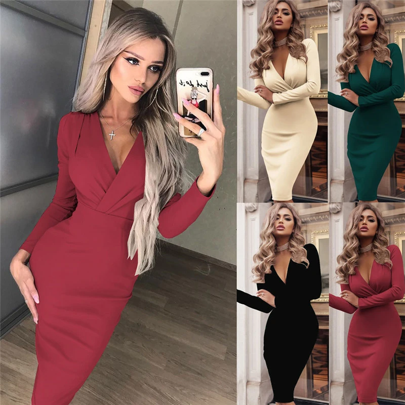 aerolíneas Dinamarca Ciudad Vestido ceñido de manga larga para mujer, ropa de calle elegante con escote  en V para fiesta y discoteca, Sexy, de verano|Vestidos| - AliExpress