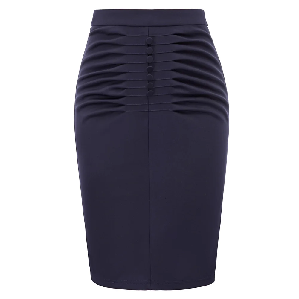 Navy Blue Grace Karin/Модная женская плиссированная юбка на пуговицах, с разрезом сзади, на бедрах, эластичная леди с высокой талией, элегантная юбка - Цвет: Navy Blue