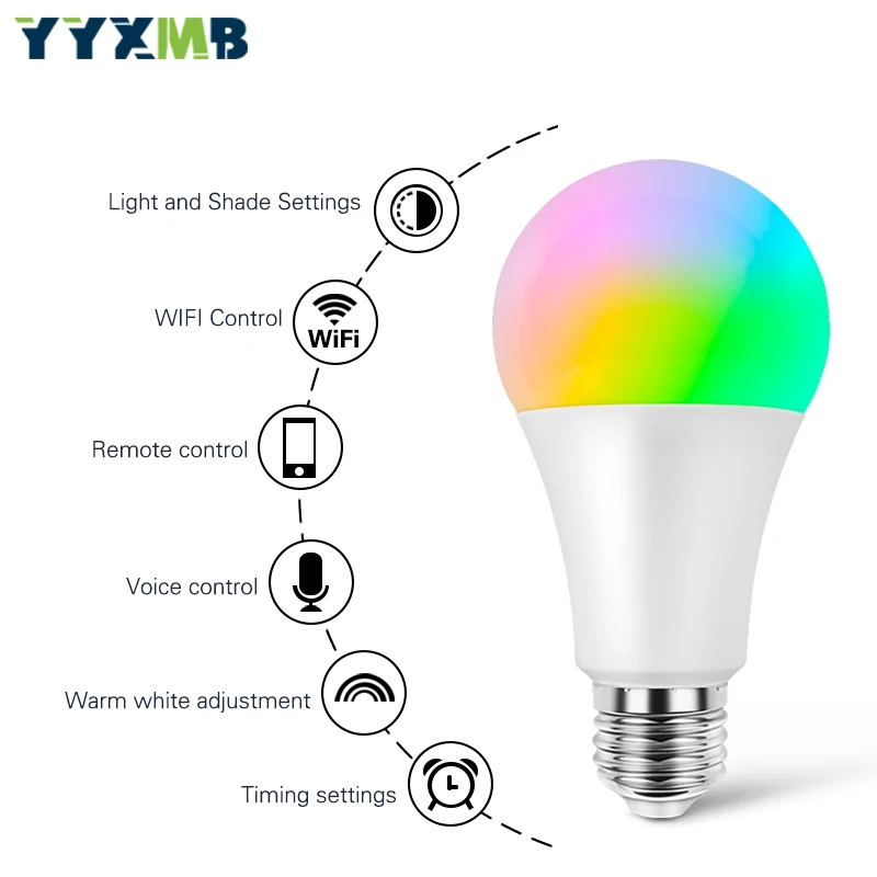 YYXMB Светодиодная лампа интеллектуальная WiFi лампочка RGB+ WW+ CW с регулируемой яркостью Совместимость Amazon ECHO/Google Home/IFTTT Голосовое управление