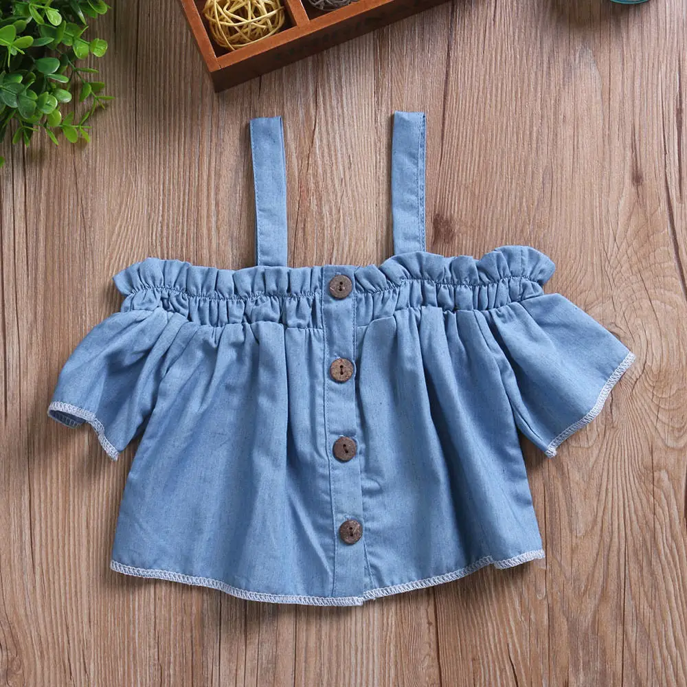 Solid Cold Shoulder Buttons Decor Denim Shirt Top For Toddler and Baby Girl
