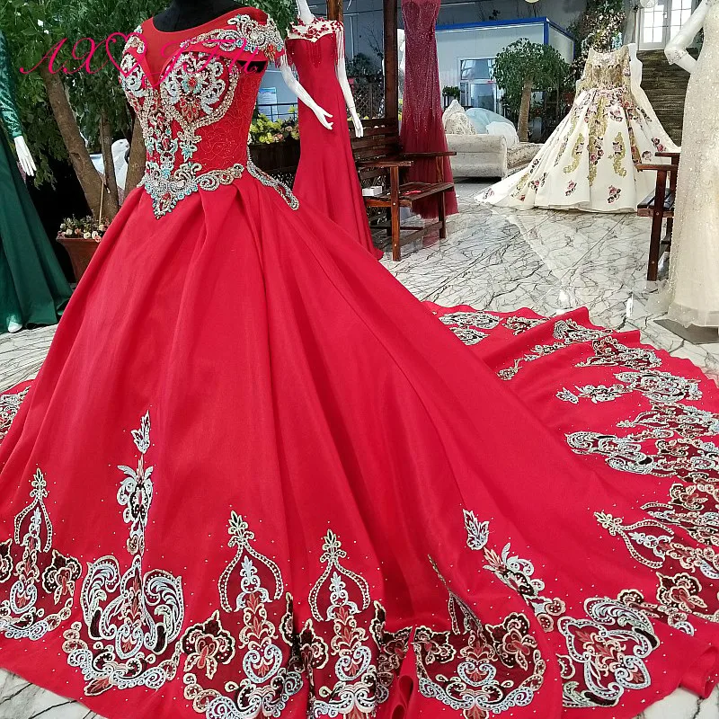 

AXJFU princess red statin vintage wedding dress luxury boat neck flower beading turkey wedding dress 100% real photo 65440