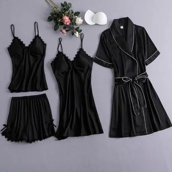 

Sexy Lace Patchwork Female Kimono Gown Short Sleeve Nightwear 4PCS Robe Suit Soft Sleepwear Nightgown Casual Intimate Lingerie