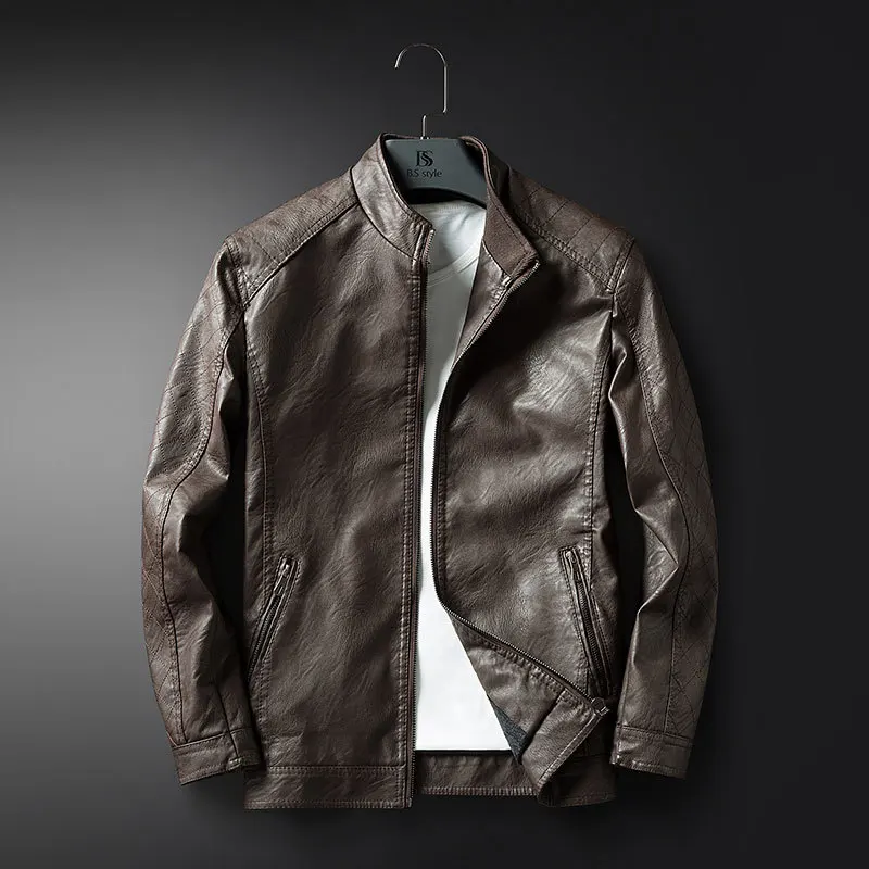

Spring And Autumn New Style Men Stand Collar Japanese-style Popular Brand Slim Fit PU Leather Coat Casual Washing Locomotive Lea