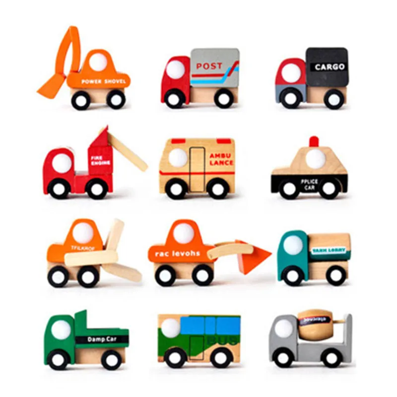 wonderful 12pcs Montessori Educational Wooden toy 3D Puzzle WoodenToy Car Engineering Car Sensory Mathematic