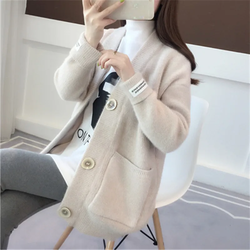 Korean Women Loose Cardigan Coat Double Pocket Design Sweater Jacket Cute Sweet Girl Casual Long Knitted Cardigan Pink Cape Top