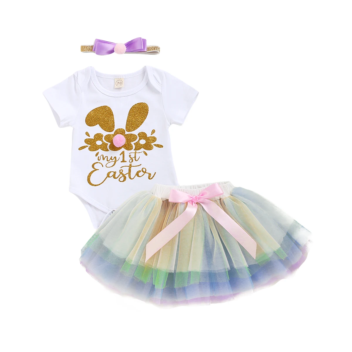 

0-18M My 1st Easter Newborn Baby Girl Clothes Set Cartoon Bunny Pom Pom Romper Tutu Skirts Bow Headband Outfits Rabbit Jumpsuit