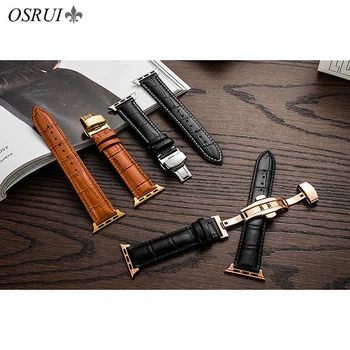 

Genuine Leather Strap for Apple Watch Band 42mm 38mm Correa watch Series 5 4 3 2 44mm 40mm racelet Wrist Belt Butterfly Buckle