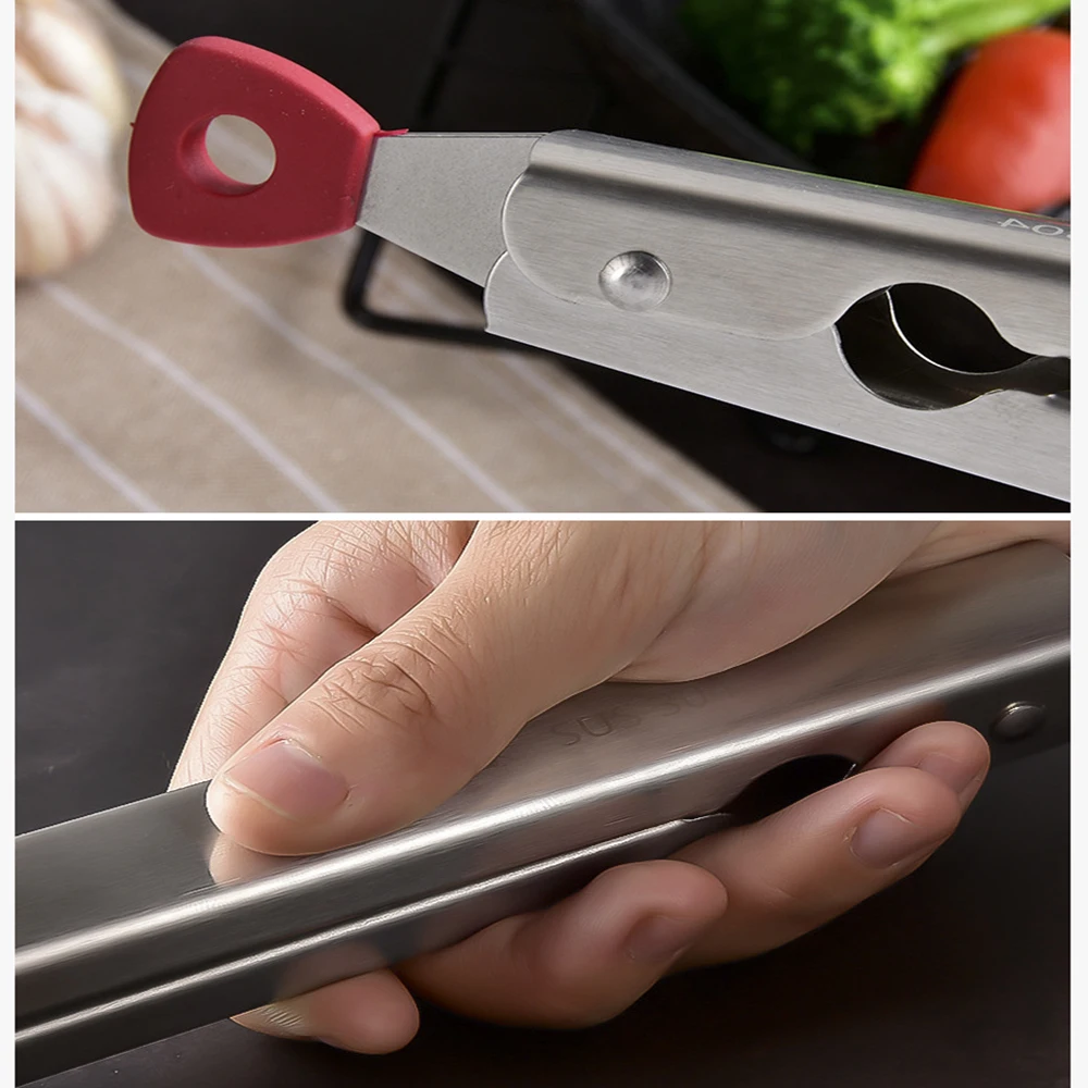 Non-Stick Silicone Steak Tongs Stainless Steel Cake Bread Tong Salad Serving Food Tongs Non-Slip Grilling Cooking Clamp Bbq Tool