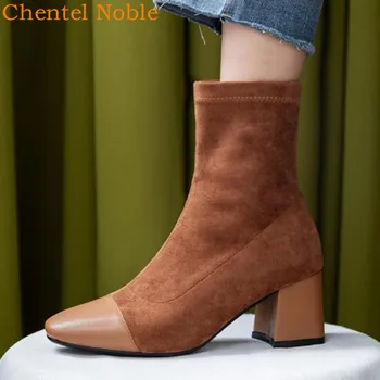 

Real Suede Leather Boots Women Genuine Square Toe Med Heel Ankle Boots Heel Slip-On Western Boots Cowboy Boot Women Three Style