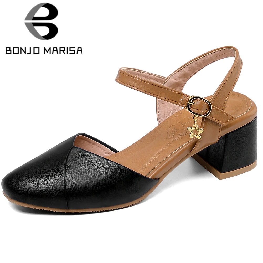 

BONJOMARISA Elegant Lady Summer Sandals Round Toe Buckle Strap Metal Square Heel Sandals Women Mixed Color Shoes Woman