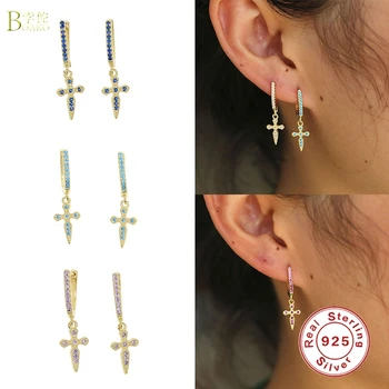 

BOAKO 925 Sterling Silver Hoop Earrings Piercing Earring For Women Zircon Lucky Sword Shape Belief Cross Transparent Ear Nail